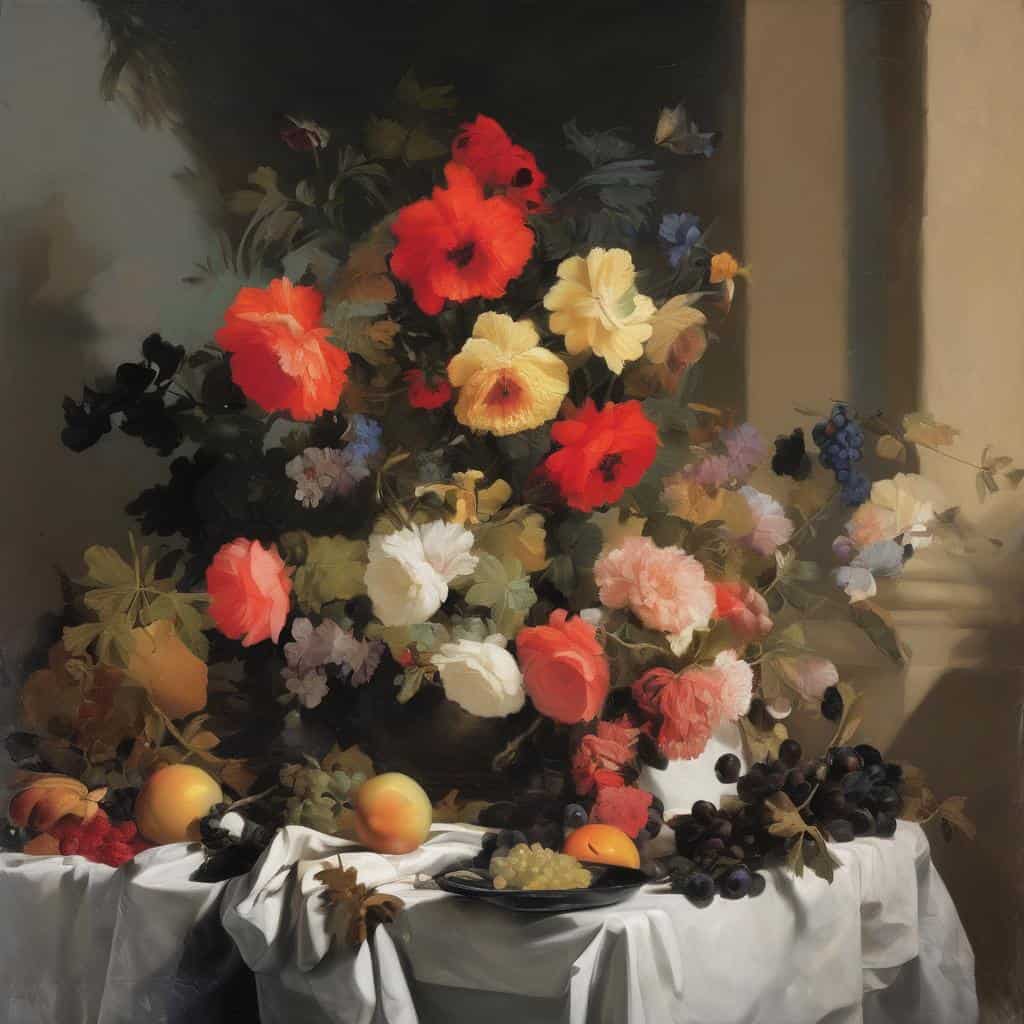 Pulled back of still life painting with flowers and fruits, inspired by art movements and historical evolution.