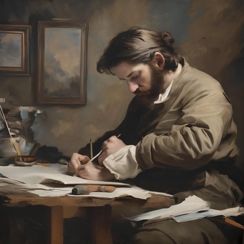 Φωτογραφία νεαρού καλλιτέχνη στο στούντιο, με ζωγραφικά έργα και εργαλεία τέχνης.