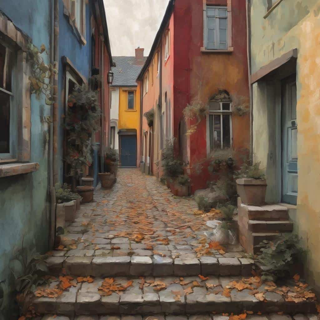 Παλιό στενό δρόμος με πολύχρωμα κτίρια και φύλλα φθινοπώρου, τέλειο για εικαστικά ρεύματα και ιστορική εξέλιξη στην τέχνη.
