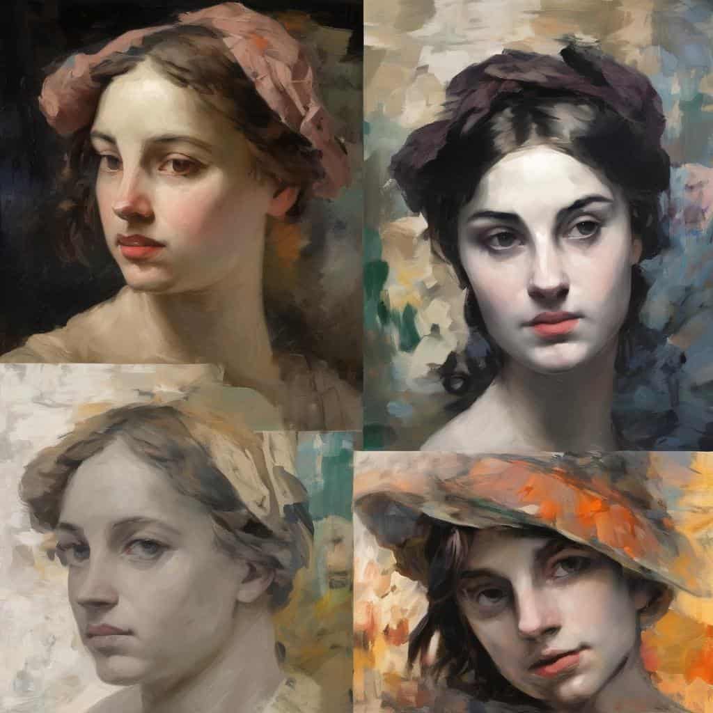 Αναπαραστάσεις καλλιτεχνικών ρευμάτων και ιστορική εξέλιξη σε πορτρέτα ζωγραφικής.